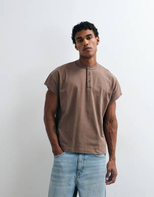 Asos Design Heavyweight Boxy Oversized T-shirt With Henley And Cap Sleeve In Brown