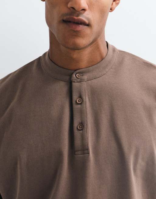 ASOS DESIGN heavyweight boxy oversized T-shirt with Henley and cap sleeve in brown, 5 of 5