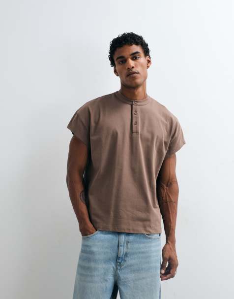 ASOS DESIGN heavyweight boxy oversized t-shirt with henley neck and cap sleeve in brown - view 1