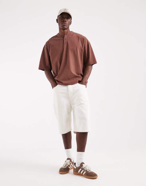 ASOS DESIGN heavyweight boxy oversized t-shirt with henley neck in washed brown, 2 of 5