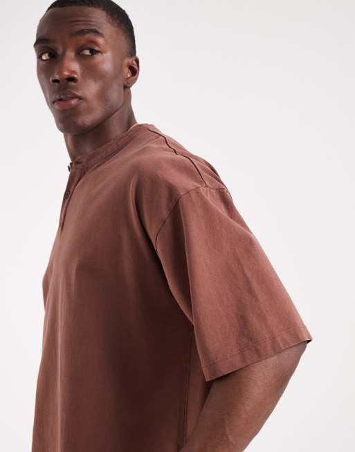 ASOS DESIGN heavyweight boxy oversized t-shirt with henley neck in washed brown, 4 of 5