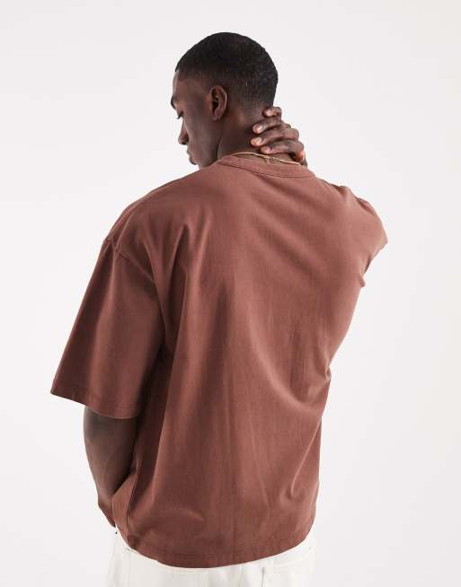 ASOS DESIGN heavyweight boxy oversized t-shirt with henley neck in washed brown, 5 of 5