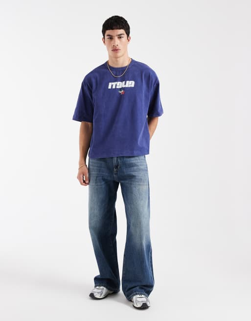ASOS DESIGN heavyweight boxy oversized t-shirt with Italia graphic in navy wash, 2 of 5