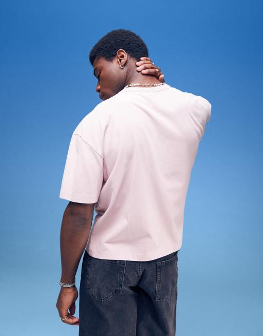 ASOS DESIGN heavyweight boxy oversized t-shirt with palm tree chest print in washed pink , 2 of 4