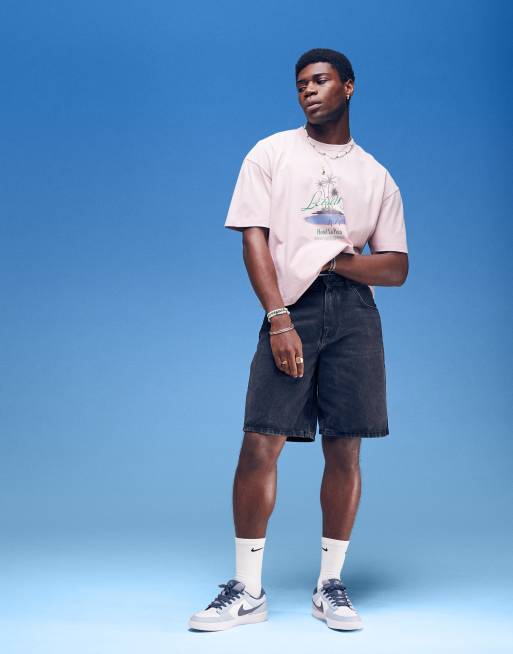 ASOS DESIGN heavyweight boxy oversized t-shirt with palm tree chest print in washed pink , 3 of 4