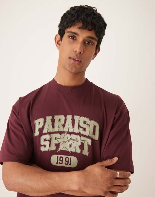 ASOS DESIGN heavyweight boxy oversized t-shirt with print in burgundy, 2 of 4