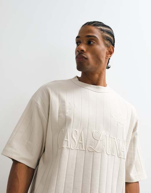 ASOS DESIGN heavyweight boxy oversized T-shirt with soccer chest embroidery in beige texture, 2 of 5