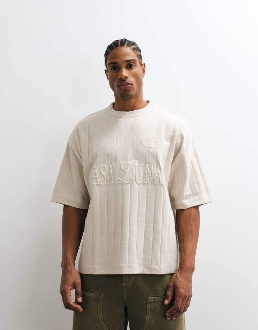 ASOS DESIGN heavyweight boxy oversized T-shirt with soccer chest embroidery in beige texture, 3 of 5