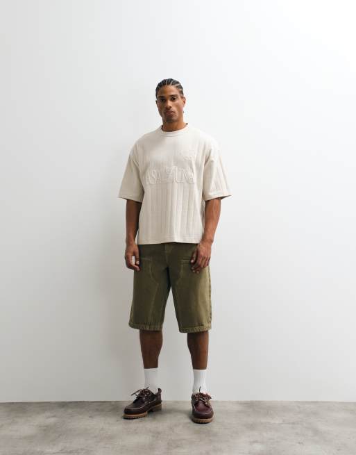 ASOS DESIGN heavyweight boxy oversized T-shirt with soccer chest embroidery in beige texture, 5 of 5