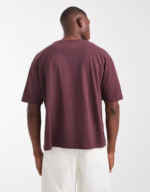  ASOS DESIGN heavyweight  boxy oversized t-shirt with sport embroidery in burgundy , 3 of 5