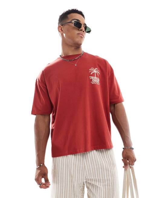  ASOS DESIGN heavyweight  boxy oversized t-shirt with summer graphic in red , 2 of 4