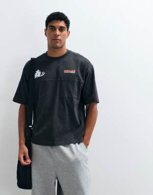 ASOS DESIGN heavyweight boxy oversized t-shirt with text graphic and pocket detail in washed charcoal