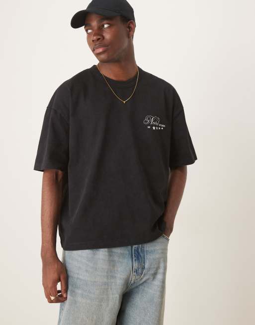 ASOS DESIGN - Oversized recht T-shirt van zware stof met grafische tekstprint in zwart met wassing