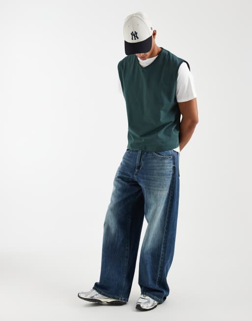ASOS DESIGN heavyweight boxy oversized tank top with contrast stitching in dark green, 3 of 5