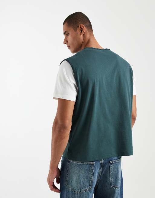 ASOS DESIGN heavyweight boxy oversized tank top with contrast stitching in dark green, 4 of 5