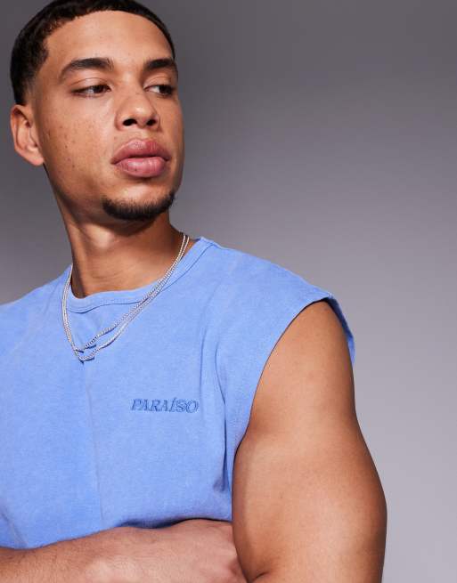 ASOS DESIGN boxy oversized tank top with text graphic in heavyweight 220gsm washed blue