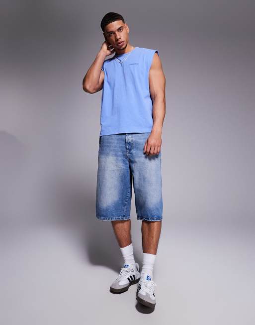 ASOS DESIGN boxy oversized tank top with text graphic in heavyweight 220gsm washed blue