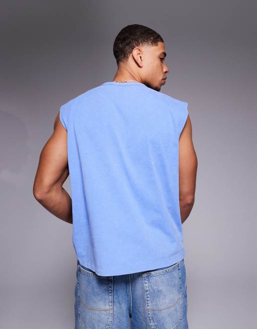ASOS DESIGN boxy oversized tank top with text graphic in heavyweight 220gsm washed blue