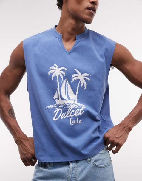 ASOS DESIGN heavyweight boxy oversized vest with sailboat graphic in blue wash - view 1