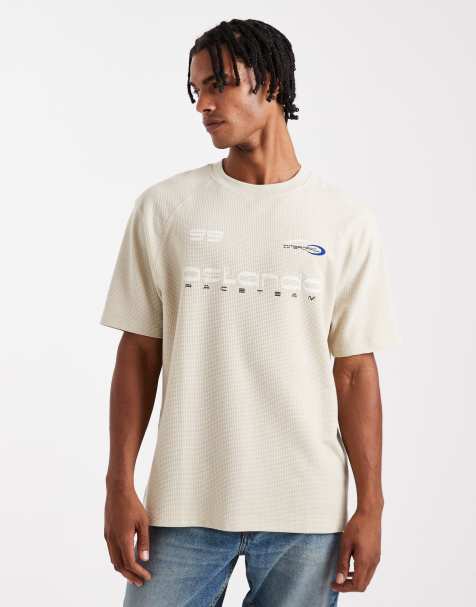 ASOS DESIGN heavyweight boxy raglan t-shirt with sports graphic in beige waffle texture - view 1