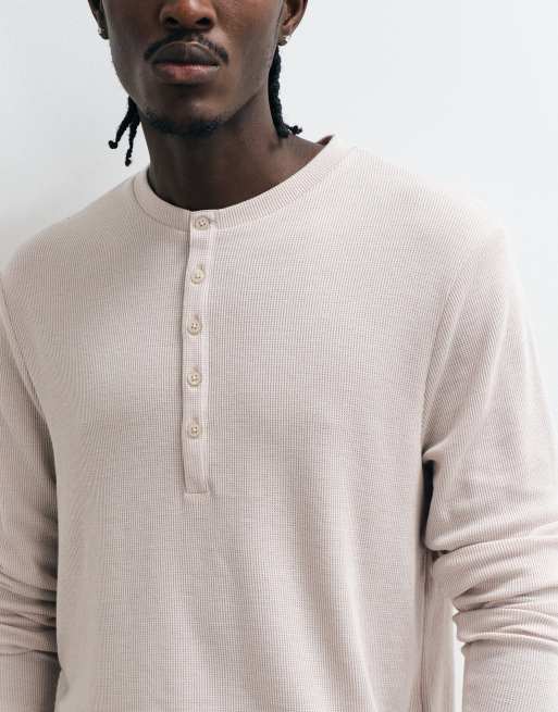 ASOS DESIGN heavyweight boxy regular fit long sleeve t-shirt with henley neck in grey waffle, 4 of 5