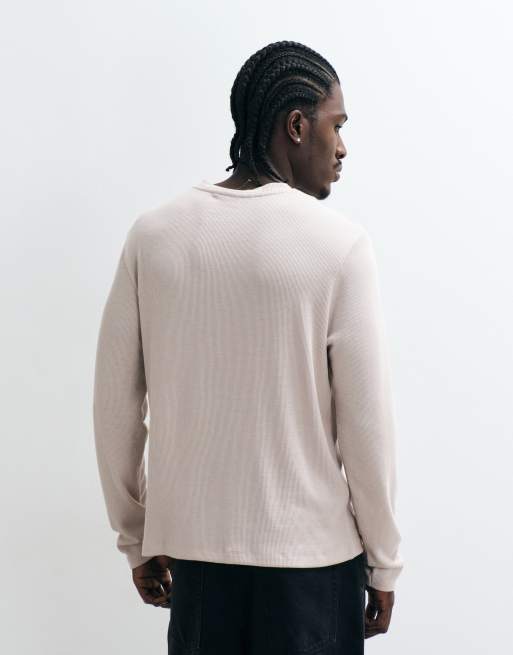 ASOS DESIGN heavyweight boxy regular fit long sleeve t-shirt with henley neck in grey waffle, 5 of 5