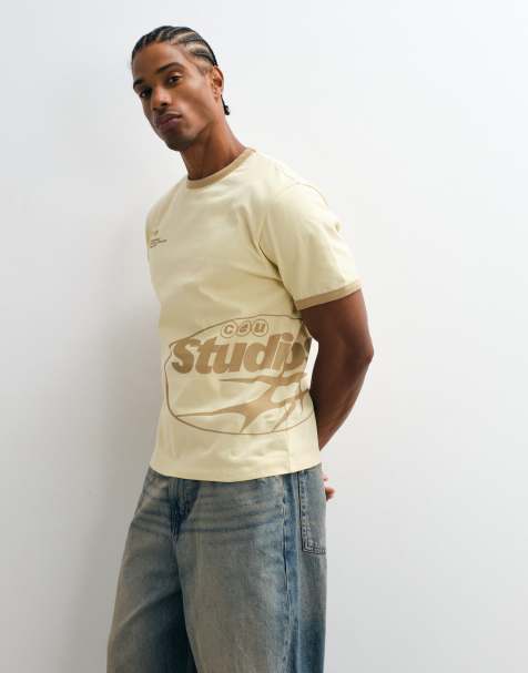 ASOS DESIGN heavyweight boxy regular fit ringer t-shirt with studio print in yellow - view 1