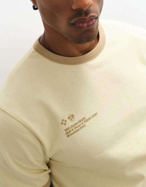 ASOS DESIGN heavyweight boxy regular fit ringer t-shirt with studio print in yellow, 3 of 5