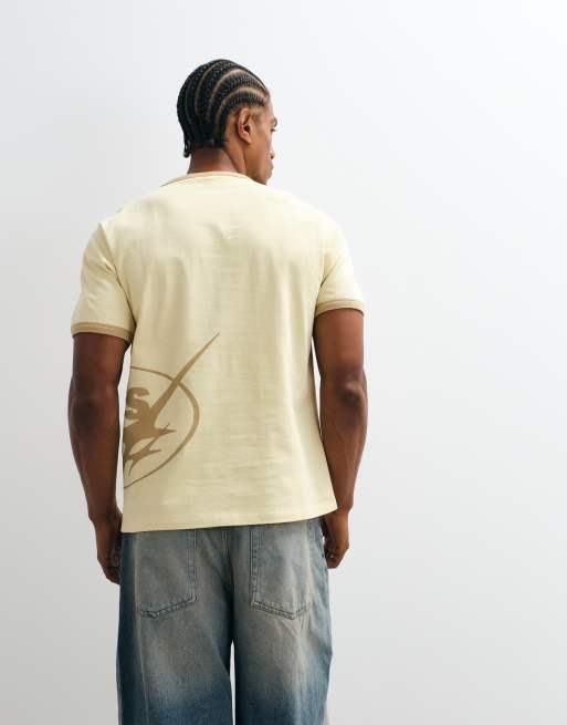 ASOS DESIGN heavyweight boxy regular fit ringer t-shirt with studio print in yellow, 4 of 5