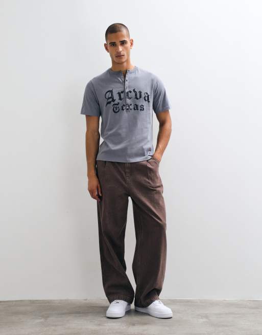 ASOS DESIGN heavyweight boxy regular henley t-shirt with Texas text graphic in grey wash, 3 of 5