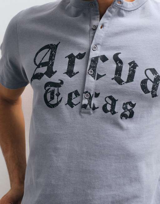 ASOS DESIGN heavyweight boxy regular henley t-shirt with Texas text graphic in grey wash, 4 of 5