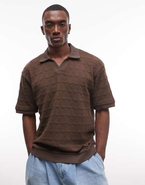 ASOS DESIGN heavyweight boxy relaxed polo in brown textured fabric - view 1