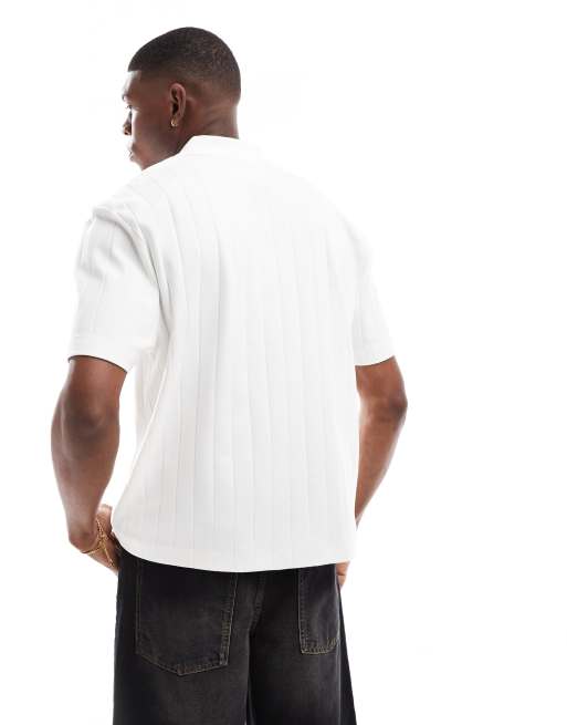 ASOS DESIGN heavyweight boxy relaxed polo in rib fabric with front graphic in white, 2 of 4