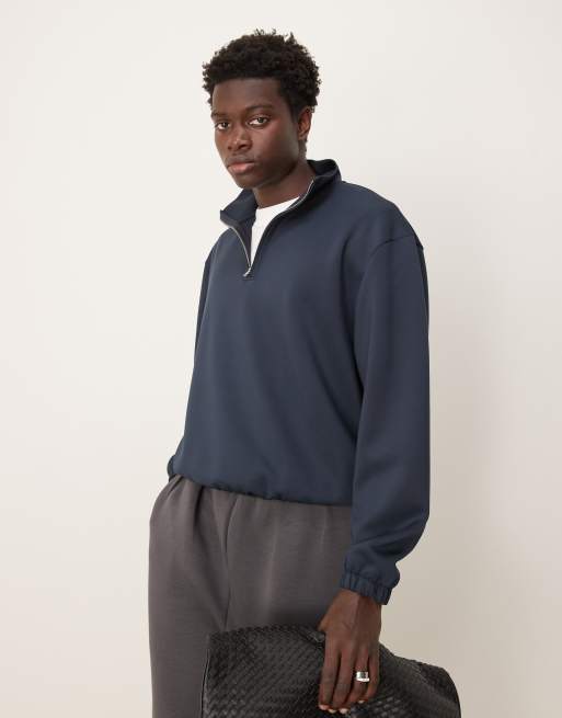 ASOS DESIGN heavyweight boxy relaxed quarter zip sweatshirt in scuba-style fabric in navy, 2 of 4