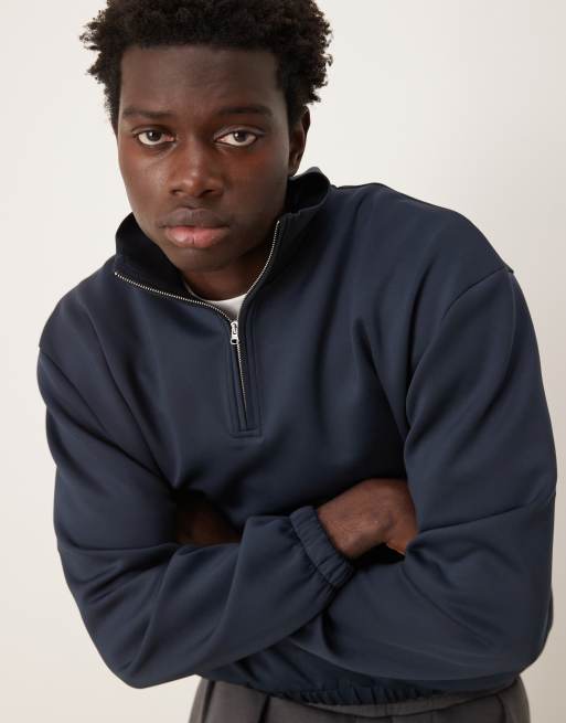 ASOS DESIGN heavyweight boxy relaxed quarter zip sweatshirt in scuba-style fabric in navy, 3 of 4