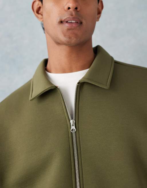 ASOS DESIGN heavyweight boxy relaxed quarter zip sweatshirt with collar in scuba-style fabric in khaki