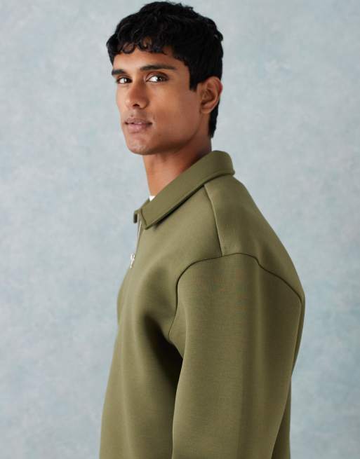 ASOS DESIGN heavyweight boxy relaxed quarter zip sweatshirt with collar in scuba-style fabric in khaki
