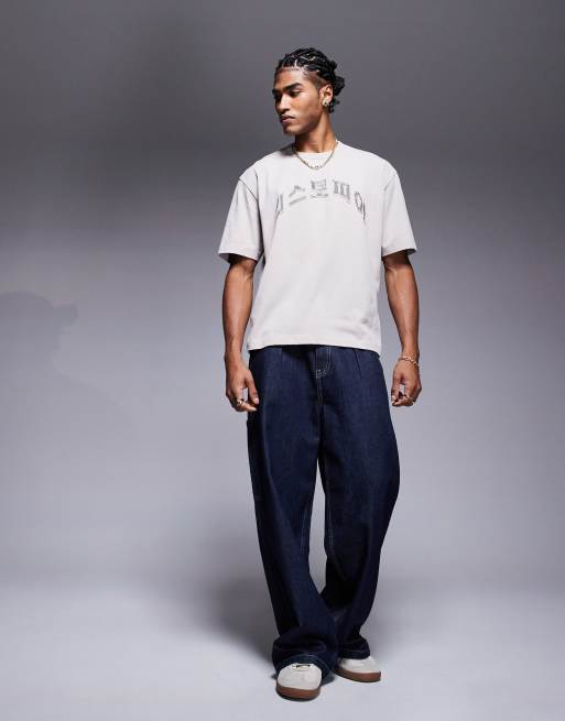 ASOS DESIGN heavyweight boxy relaxed t-shirt in washed beige with text graphic , 2 of 4