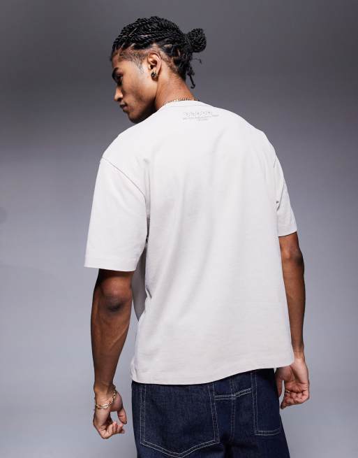 ASOS DESIGN heavyweight boxy relaxed t-shirt in washed beige with text graphic , 3 of 4