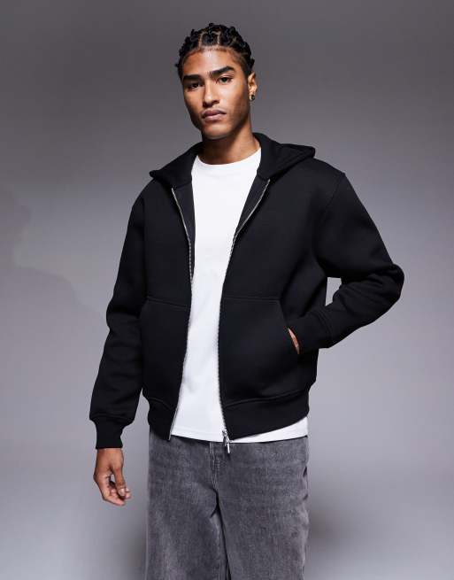 ASOS DESIGN heavyweight boxy relaxed zip through hoodie in scuba-style fabric in black