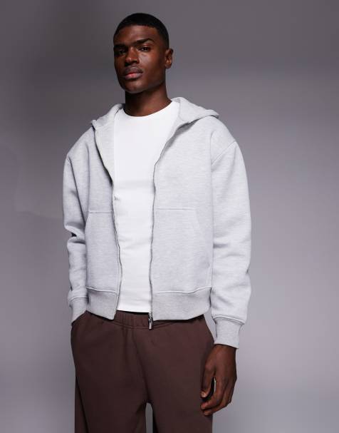 ASOS DESIGN heavyweight boxy relaxed zip through hoodie in scuba-style fabric in grey marl - LGREY - view 1