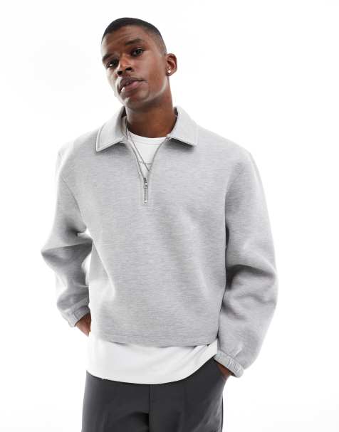 ASOS DESIGN heavyweight boxy scuba-style fabric sweatshirt with zip collar in gray - view 1