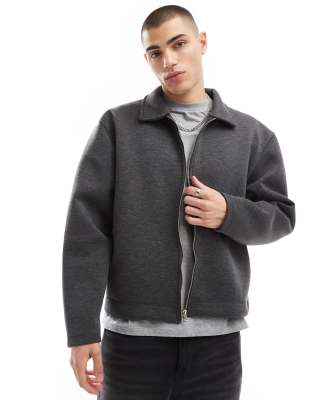 ASOS DESIGN heavyweight boxy scuba zip through jacket in grey