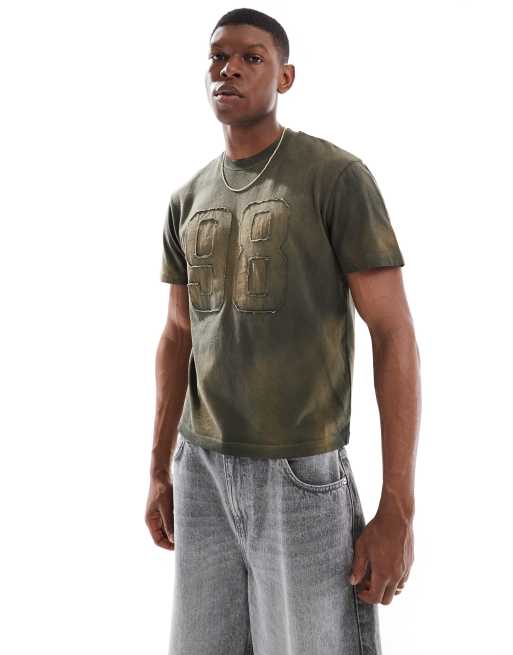 ASOS DESIGN heavyweight boxy T-shirt in washed green with number applique, 2 of 4