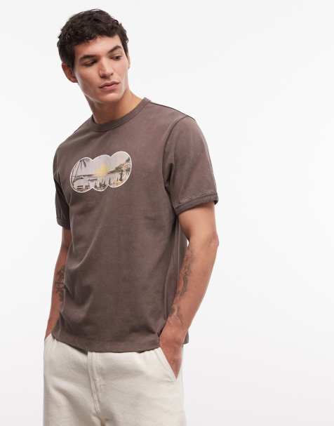ASOS DESIGN heavyweight boxy t-shirt with beach front graphic in brown wash - view 1