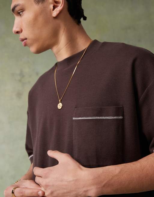 ASOS DESIGN heavyweight boxy textured t-shirt with stitch detail in brown, 3 of 4