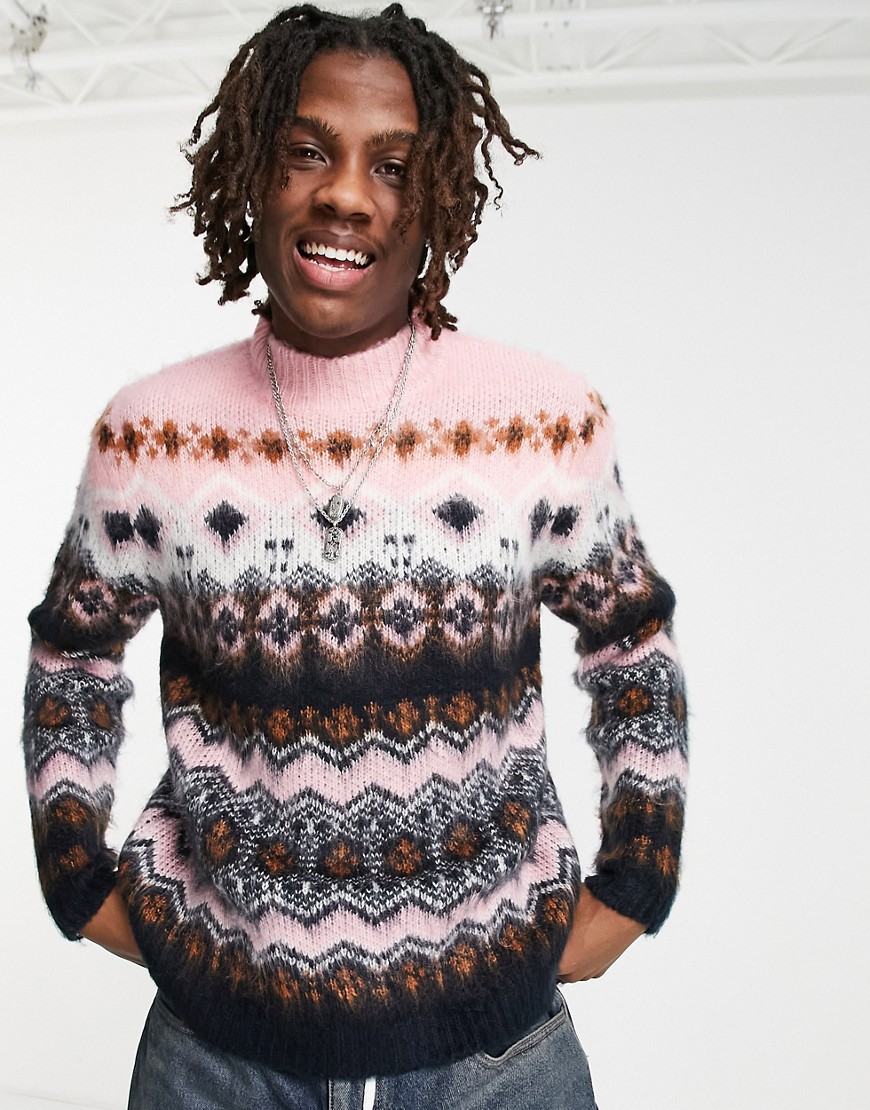 ASOS DESIGN heavyweight brushed fairisle sweater in pink and navy pattern