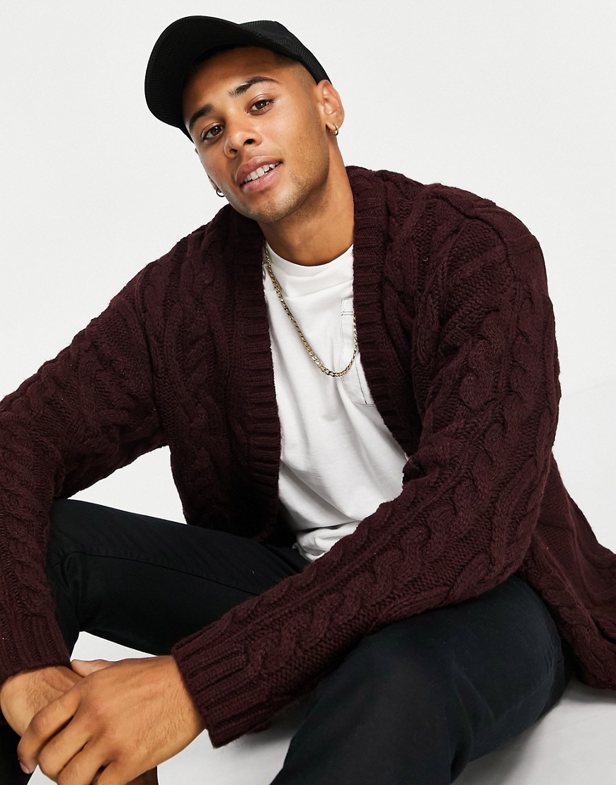 ASOS DESIGN heavyweight cable knit cardigan in burgundy twist-Red