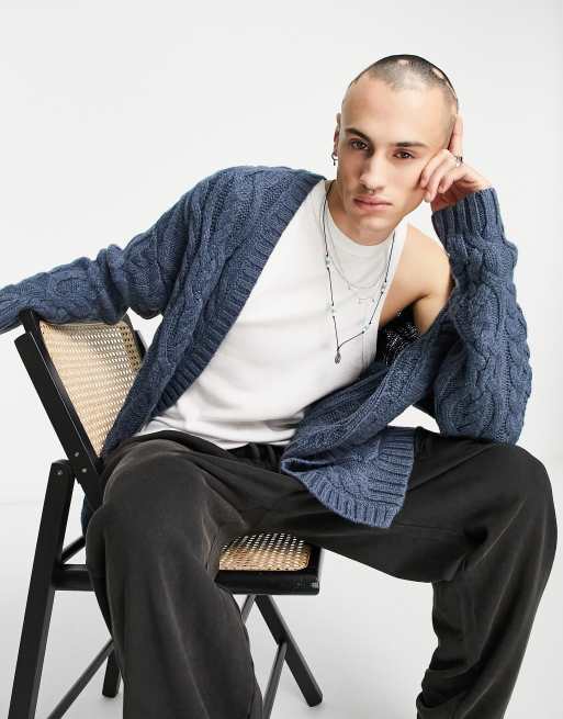 ASOS DESIGN heavyweight cable knit cardigan in denim blue