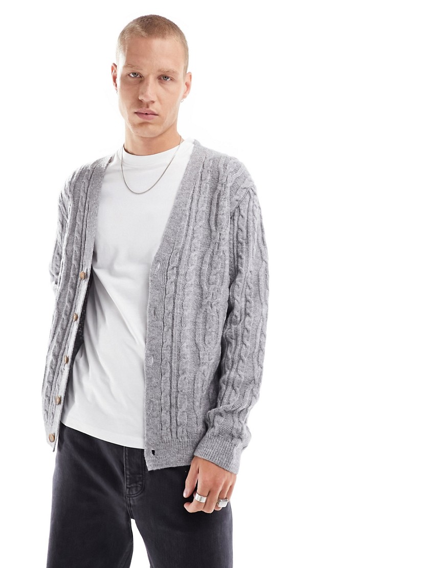 Asos Design Heavyweight Cable Knit Cardigan In Gray